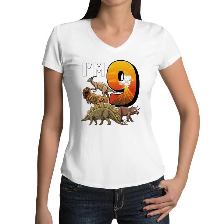 9 Year Old Dinosaurs Birthday 9Th Party Paleontologist Boys Women V-Neck T-Shirt