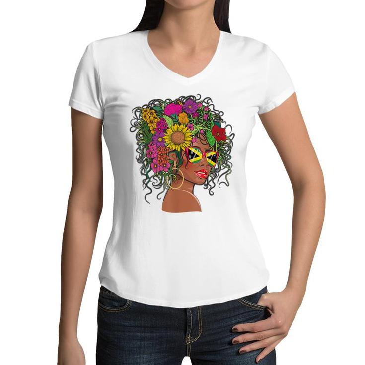 Afro Hair Jamaican Flag  Women Black Melanin Jamaica  Women V-Neck T-Shirt