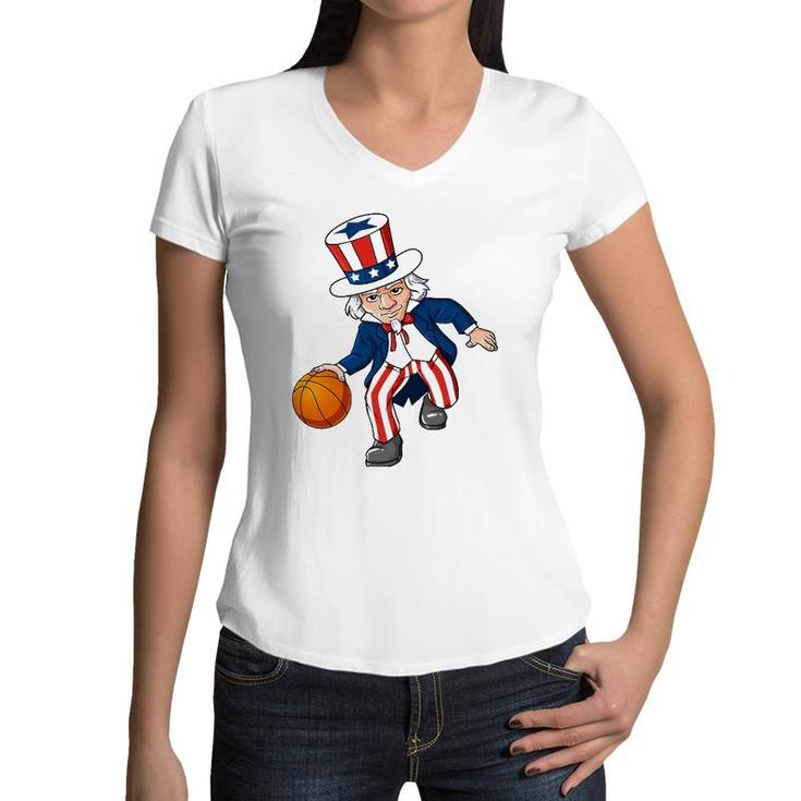 Basketball Uncle Sam 4Th Of July Boys Kids Teens Dribble Women V-Neck T-Shirt