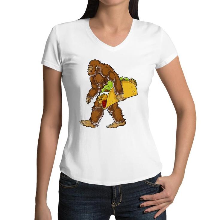 Bigfoot Carrying Taco Cinco De Mayo Boys Sasquatch Women V-Neck T-Shirt