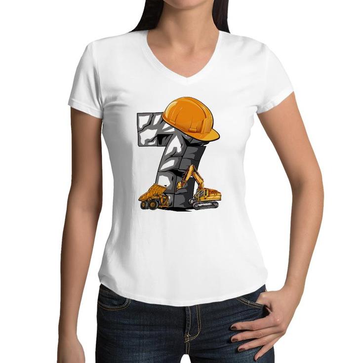 Birthday Boy 7 Construction Vehicle Excavator 7Th Birthday Women V-Neck T-Shirt