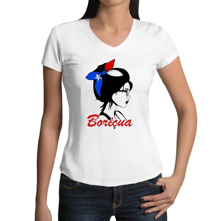 Boricua Girl Puerto Rican Mujer Puertoriqueña Flag Women V-Neck T-Shirt