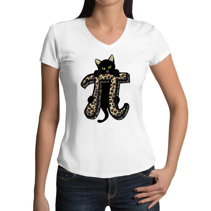 Cat Leopard Happy Pi Day Math Teacher Students Kids 314  Women V-Neck T-Shirt