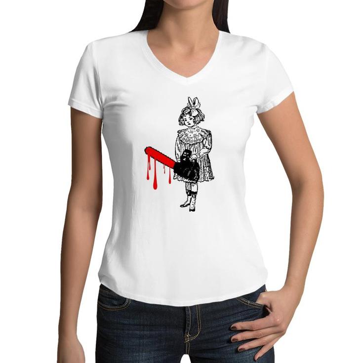 Chainsaw Girl Punk Rock Goth Horror Fan Halloween Vintage Women V-Neck T-Shirt