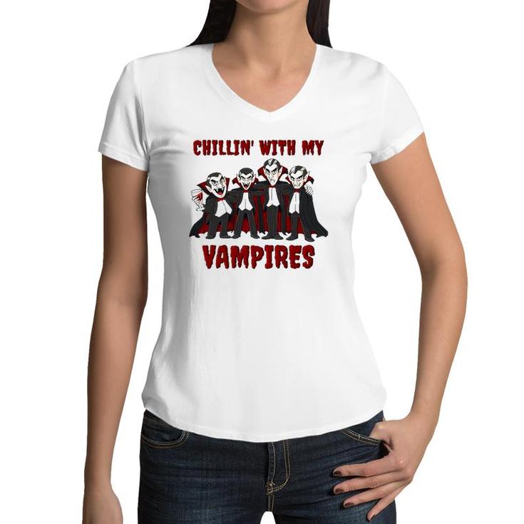 Chillin' With My Vampires Halloween Boys Girls Kids Funny Women V-Neck T-Shirt