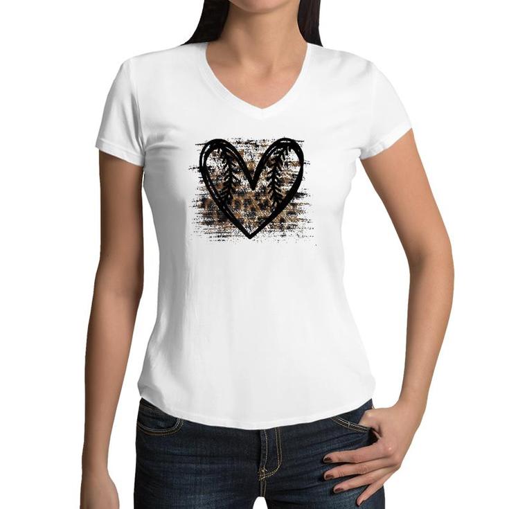 Cute Softball Baseball Leopard Print For Women Teen Girls Women V-Neck T-Shirt
