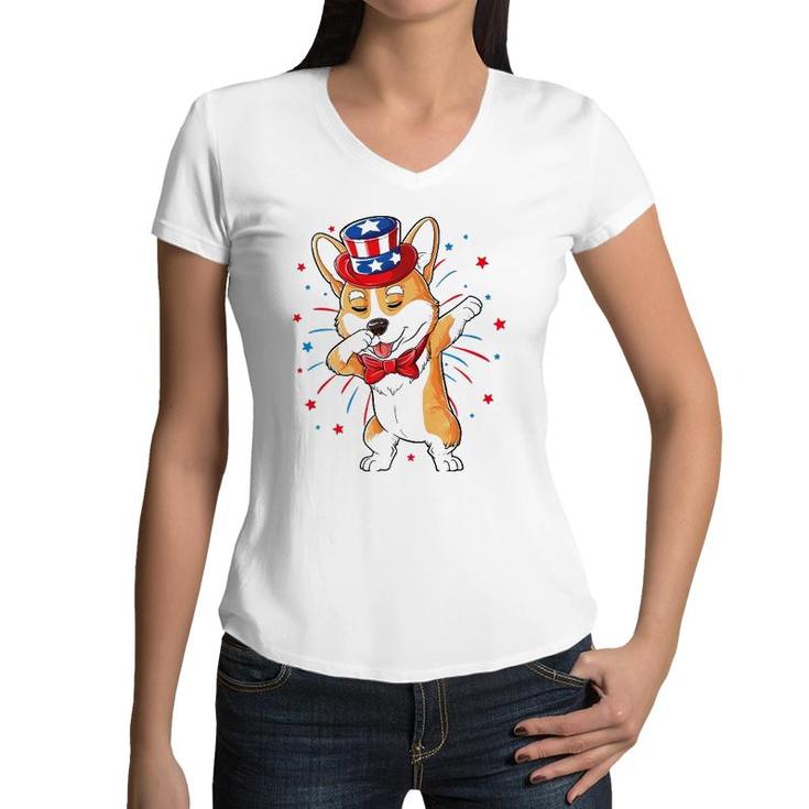 Dabbing Corgi 4Th Of July Merica Dog Usa American Flag Kids  Women V-Neck T-Shirt