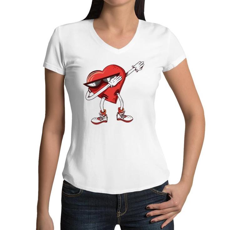 Dabbing Heart Dab Pose Valentines Day Gift For Kids Women V-Neck T-Shirt