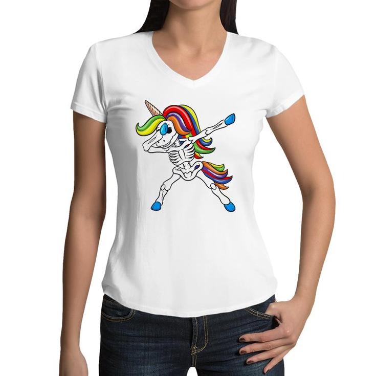 Dabbing Skeleton Unicorn  Kids Girls Halloween Gift Dab Women V-Neck T-Shirt