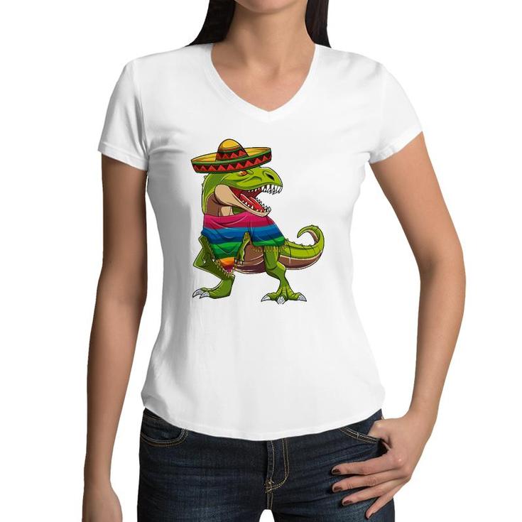 Dinosaur Mexican Poncho Sombrero Cinco De Mayo Boys Women V-Neck T-Shirt