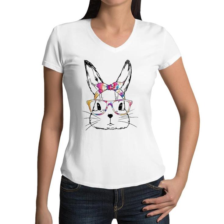 Easter Day 2022 Dy Cute Bunny Face Tie Dye Glasses Women Boy Women V-Neck T-Shirt
