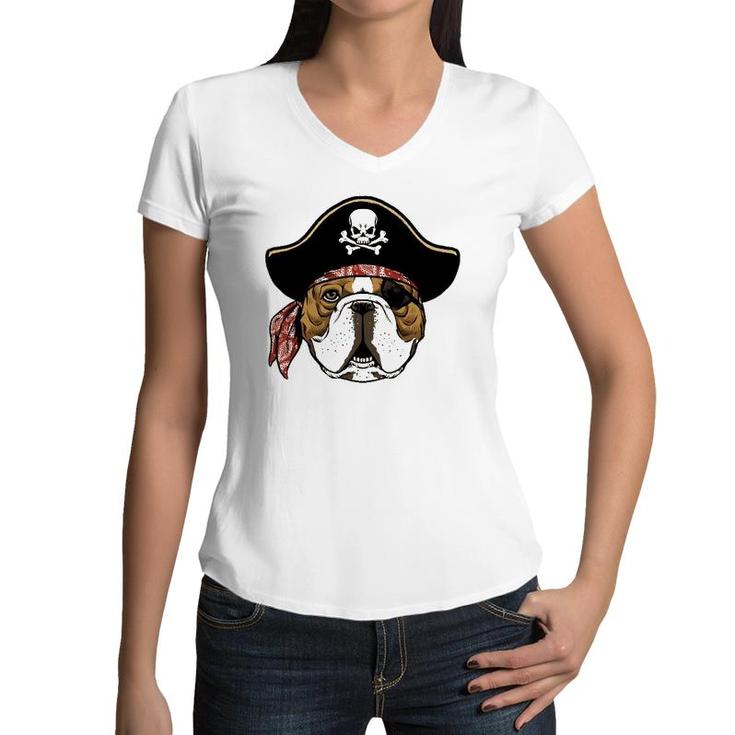 English Bulldog Pirate Hat Halloween Gifts Boys Kids Bzr Women V-Neck T-Shirt