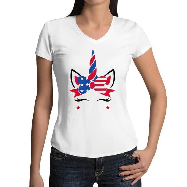 Funny American Unicorn Usa Flag 4Th Of July Gift Women Girls Women V-Neck T-Shirt