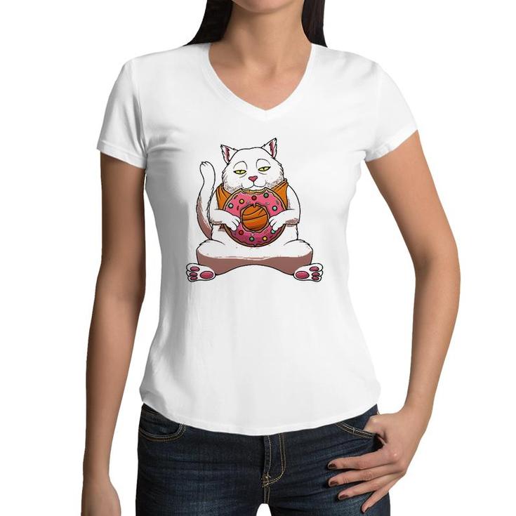 Funny Donut Cat Design For Kids Men Women Doughnut Foodie Women V-Neck T-Shirt