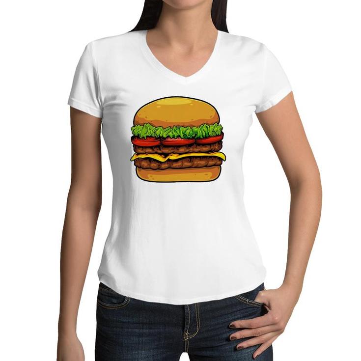 Funny Hamburger Art For Kids Men Women Cheeseburger Lover Women V-Neck T-Shirt