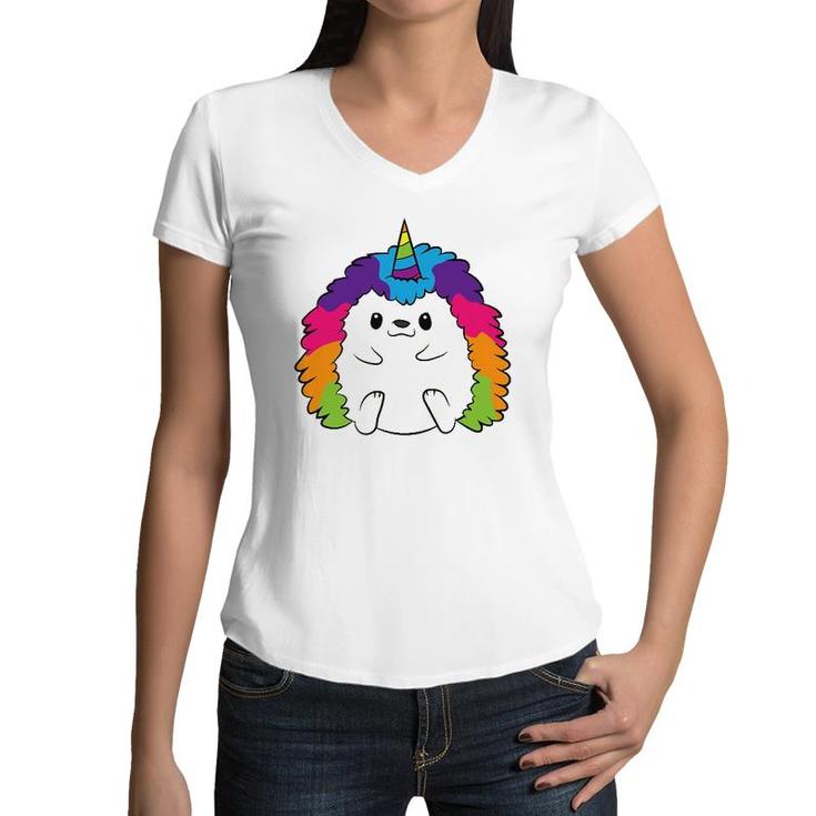 Funny Hedgehog Unicorn Kids Rainbow Hedgehog Women V-Neck T-Shirt