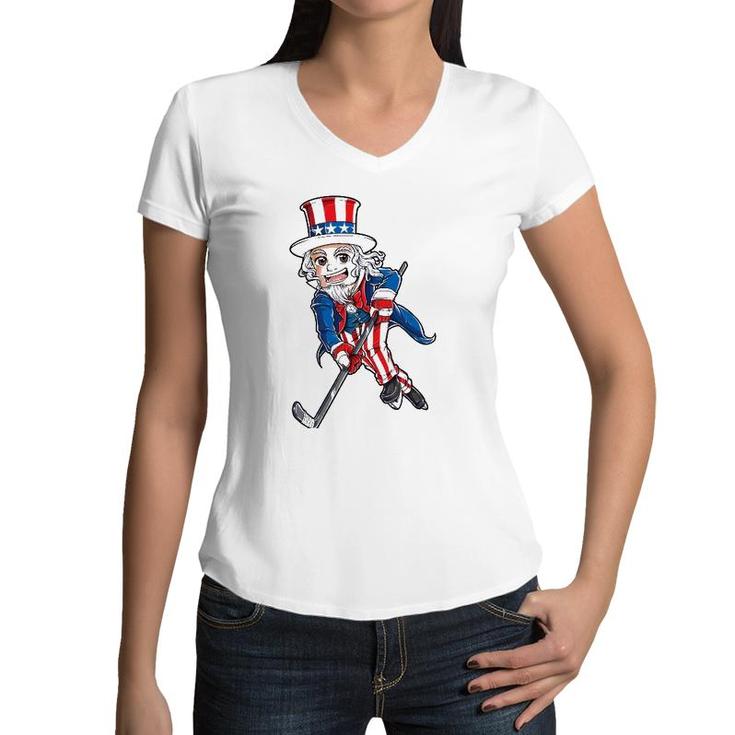 Hockey American Flag 4Th Of July Kids Boys Uncle Sam Women V-Neck T-Shirt