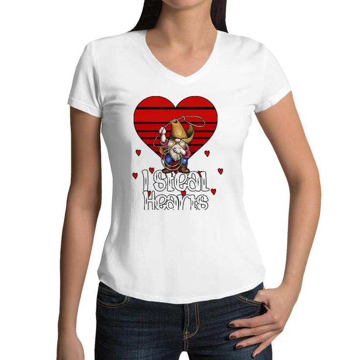 I Steal Hearts Gnome Boys Valentine's Day Kids Vintage Retro Women V-Neck T-Shirt
