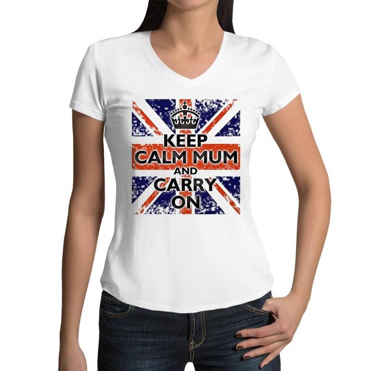 Keep Calm Mum And Carry On British Flag Women V-Neck T-Shirt