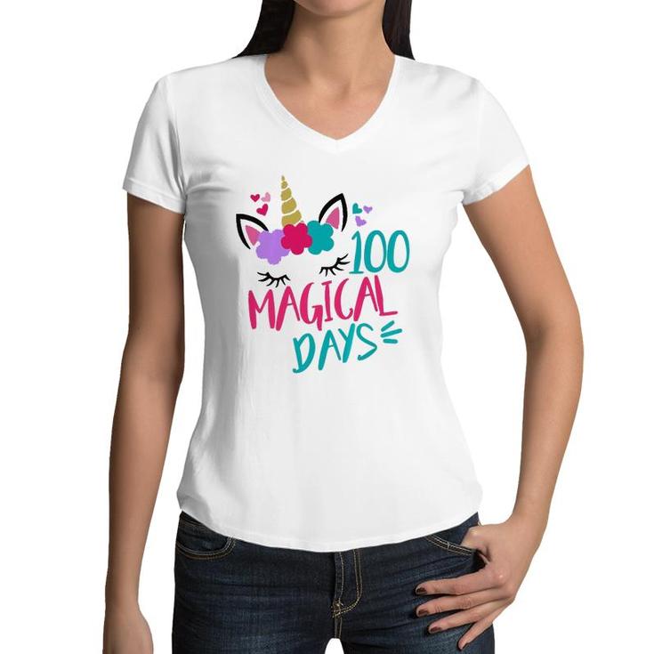 Kids 100 Magical Days Of School Unicorn 100Th Day  Women V-Neck T-Shirt