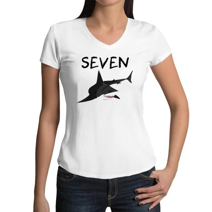 Kids 7 Years Old Shark Swim Birthday Party 7Th Birthday Women V-Neck T-Shirt