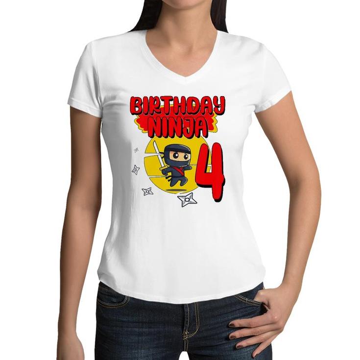 Kids Birthday Ninja 4 Years Old Bday Party Gift For Little Ninja Women V-Neck T-Shirt