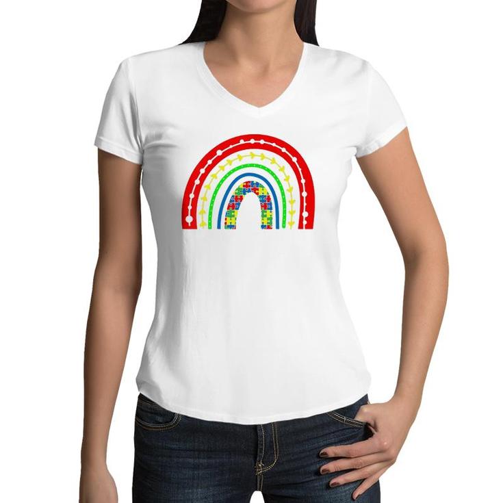 Kids Boho Rainbow Puzzle Piece Autism Awareness Autistic Love Women V-Neck T-Shirt