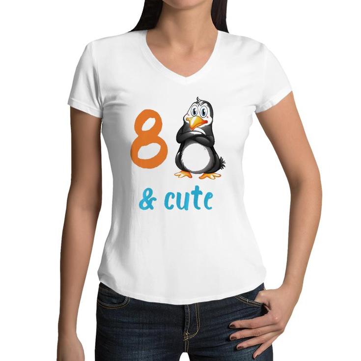 Kids Funny Penguin 8Th Birthday  8 Years Old Bday Party Gift  Women V-Neck T-Shirt