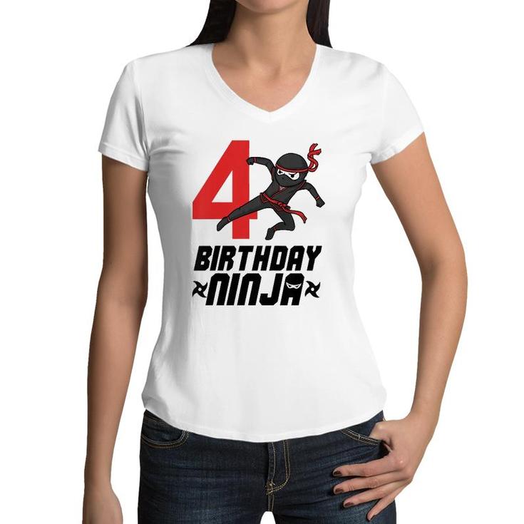 Kids Kids 4Th Birthday Ninja For Boys 4 Years Birthday Tee Women V-Neck T-Shirt