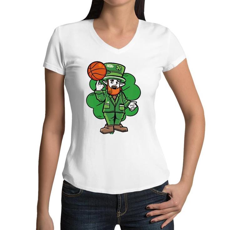 Kids Leprechaun St Patrick's Day Cool Basketball Clover Irish Gift Women V-Neck T-Shirt