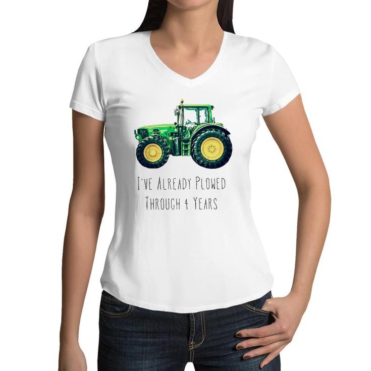 Kids Plowed Through 4 Years Green Tractor Boy Birthday Party Women V-Neck T-Shirt