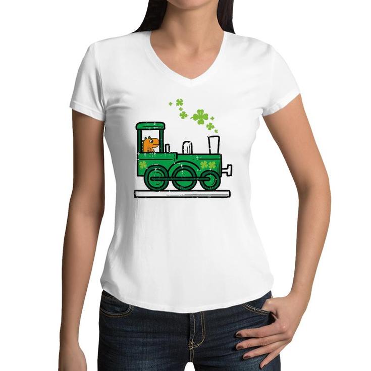 Kids Trex Train Shamrock Cute St Patrick's Day Boys Kids Toddler Women V-Neck T-Shirt