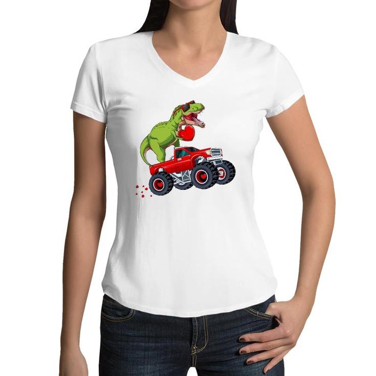 Kids Valentine's Day T Rex Riding Monster Truck Funny Toddler Women V-Neck T-Shirt