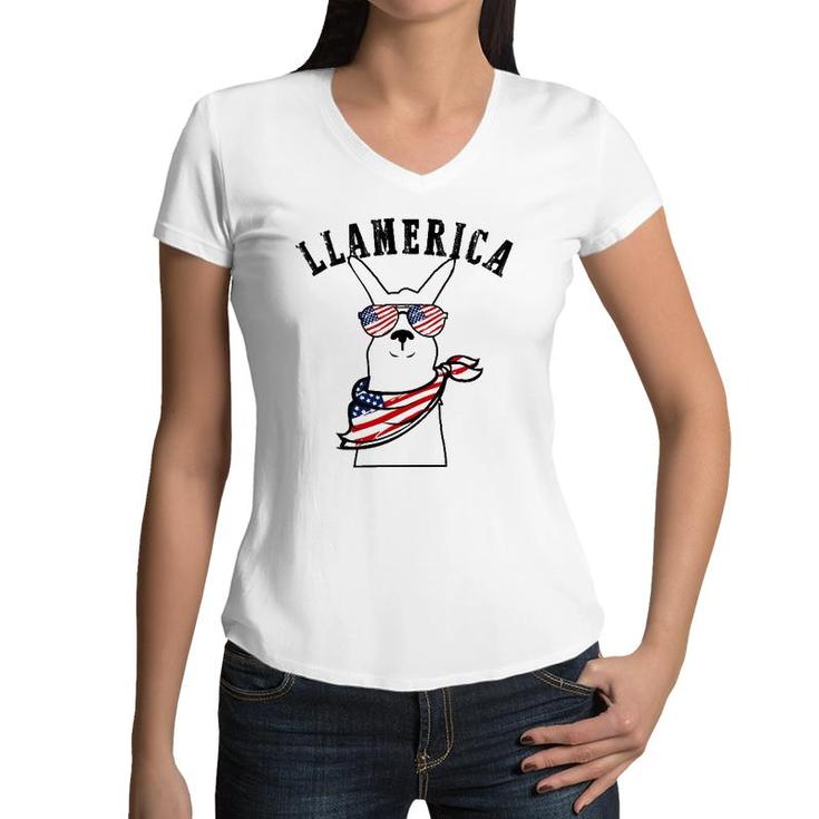 Llamerica Llama 4Th Of July American Flag For Men Women Kids Women V-Neck T-Shirt