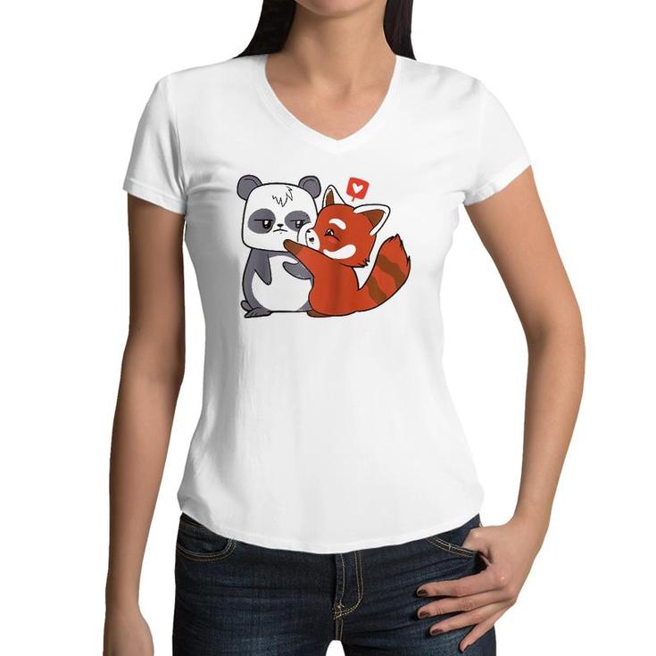 Love Giant Panda Bamboo Bear Cartoon Couple Heart Kids Gifts  Women V-Neck T-Shirt