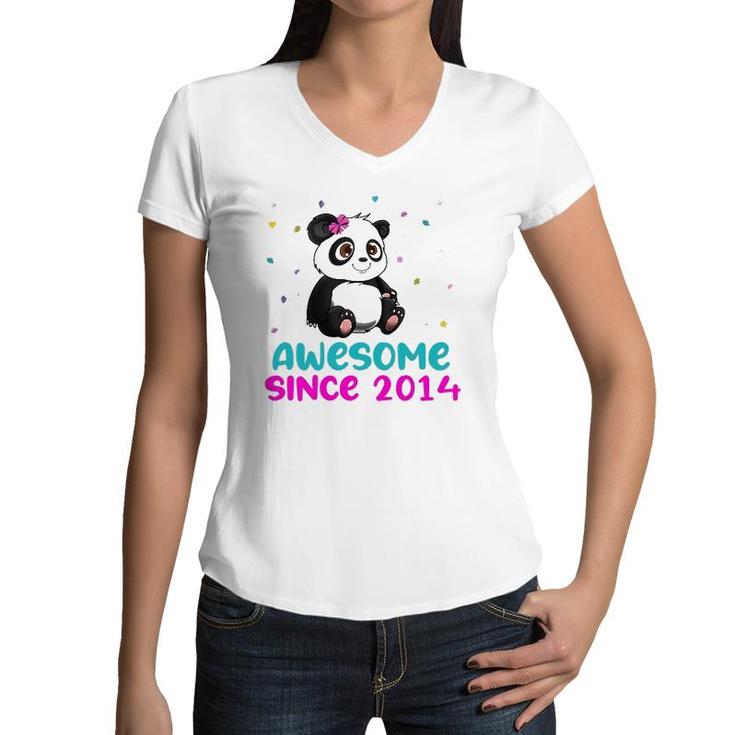 Panda Bear Girl Birthday Gift Love Awesome Since 2014 Ver2 Women V-Neck T-Shirt
