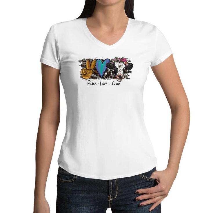 Peace Love Cows Cute Denim Leopard Vegan Farm Girl Women V-Neck T-Shirt