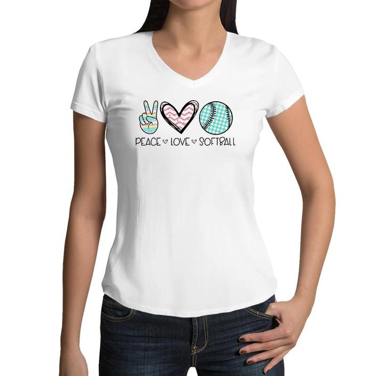 Peace Love Softball Cute Design For Women Teen Girls Women V-Neck T-Shirt