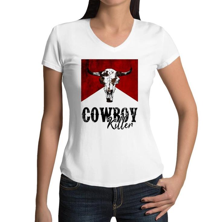 Retro Cow Skull Cowboy Killer Western Country Cowgirl Gift Women V-Neck T-Shirt