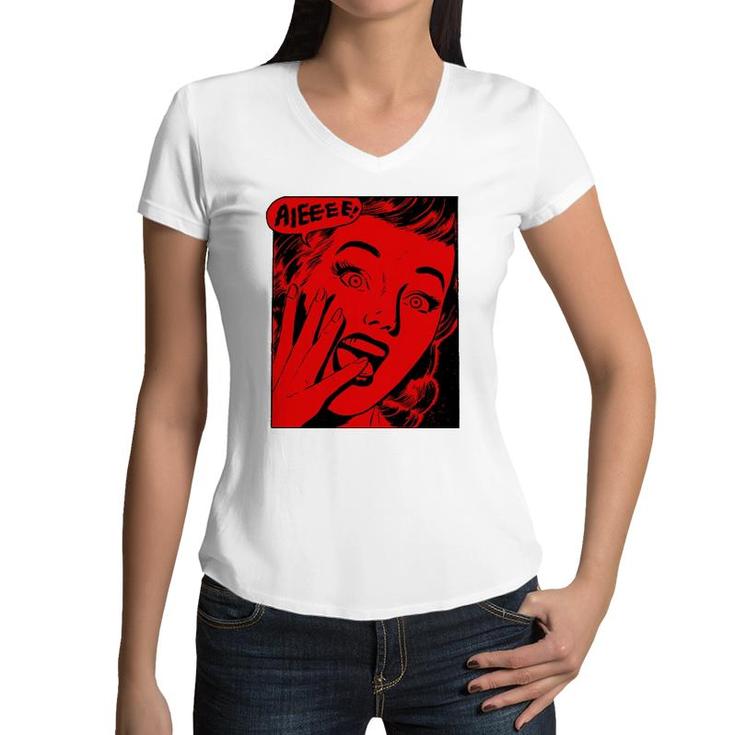 Retro Creepy Halloween Scream Horror Girl Screaming For Life Women V-Neck T-Shirt