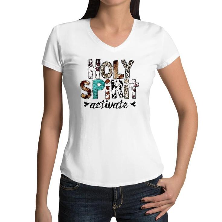 Retro Leopard Holy Spirit Activate Cowboy Rodeo Western Girl Women V-Neck T-Shirt