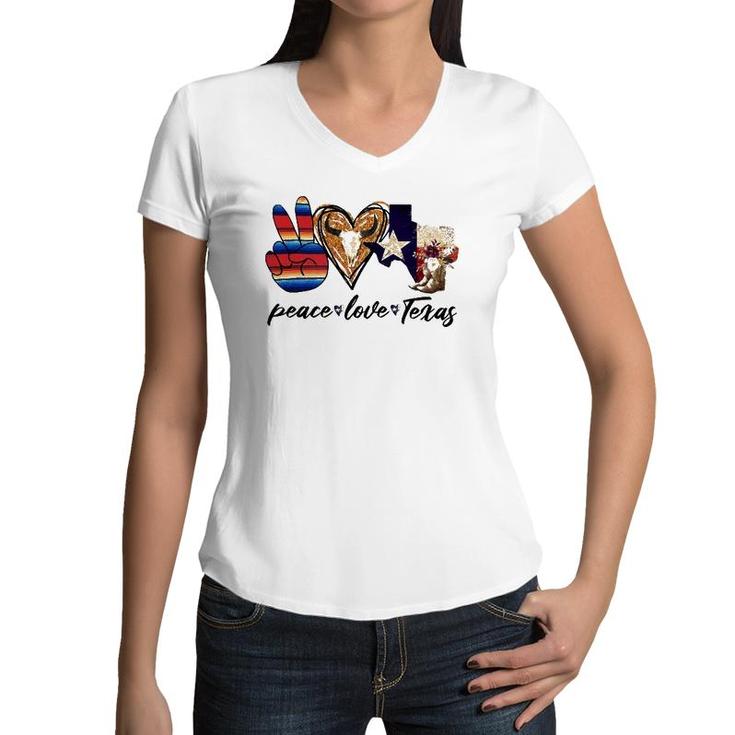 Retro Peace Love Texas Cowboy Boots Western Country Cowgirl Women V-Neck T-Shirt