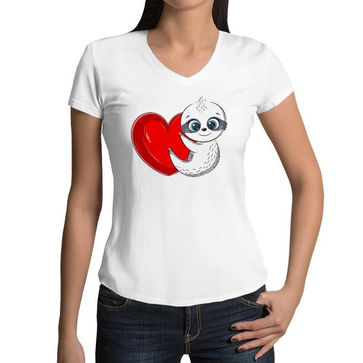 Sloth Valentine's Day Kids Girls Women Heart Cute Sloth Vday Women V-Neck T-Shirt