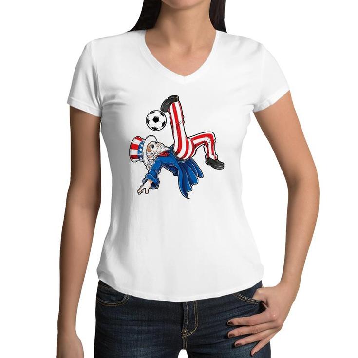 Soccer 4Th Of July Kids Boys Uncle Sam American Flag Women V-Neck T-Shirt