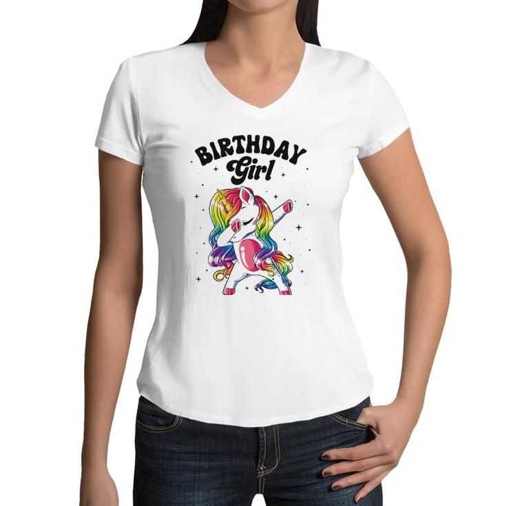Unicorn Dabbing Birthday Girl Kids Rainbow Dab Dance Squad Women V-Neck T-Shirt