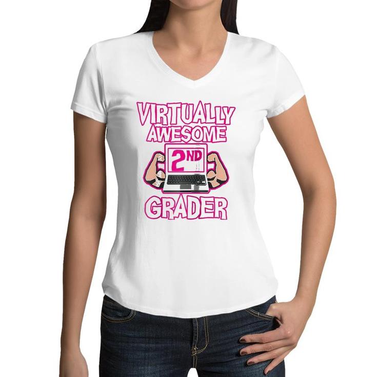 Virtually Awesome Second Grader Back To School Girl Raglan Baseball Tee Women V-Neck T-Shirt