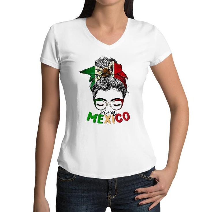 Viva Mexico Messy Hair Mexico Women Sunglass Mexican Girls Women V-Neck T-Shirt