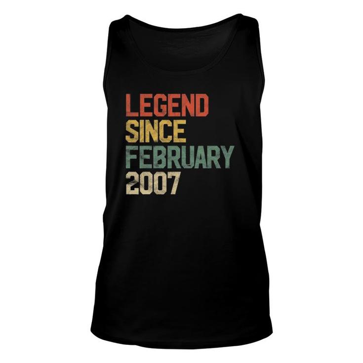 15 Years Old Gifts Legend Since February 2007 15Th Birthday Unisex Tank Top