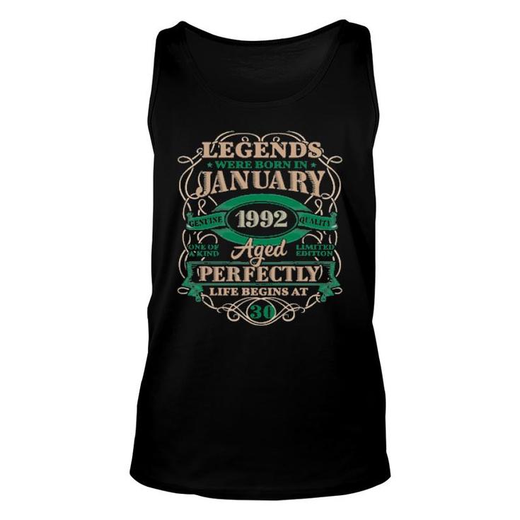 30Th Birthday Legends Born In January 1992 30 Years Old  Unisex Tank Top
