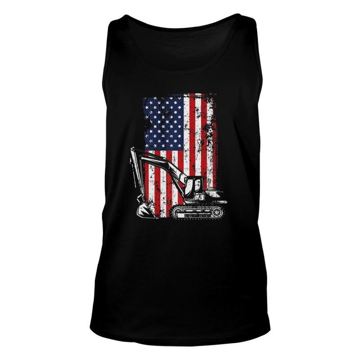 4Th Of July American Flag Construction Backhoe Excavator  Unisex Tank Top